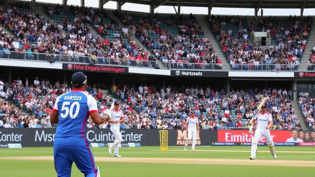 A cricket stadium with a packed crowd, Paarl Royals and MI Cape Town players in action, with a focus on Pretorius and Baartman