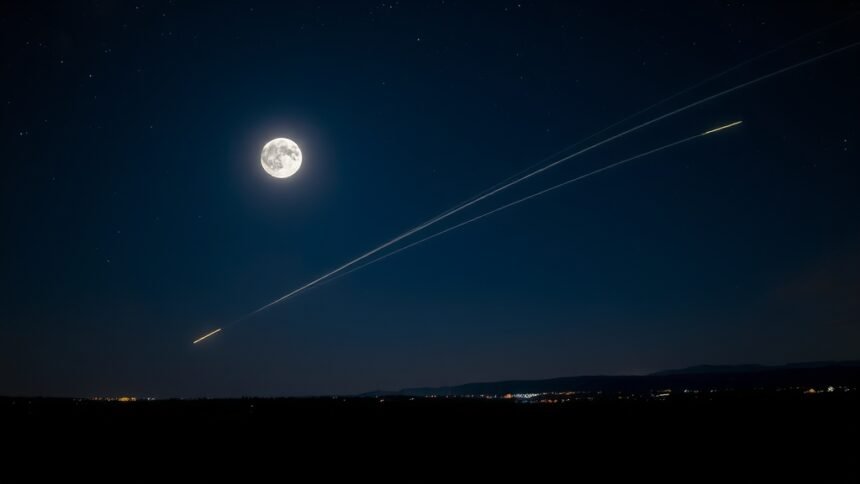 A high-resolution image of the night sky with a full moon and meteors streaking across the horizon, with a subtle cityscape or landscape in the background.