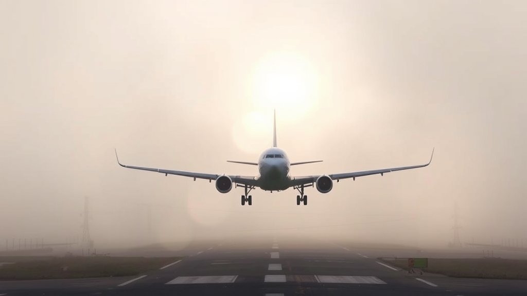 A photo of a plane flying low over a runway, with thick fog covering the ground and a bright sun shining through the clouds, highlighting the challenges of landing in low visibility conditions.