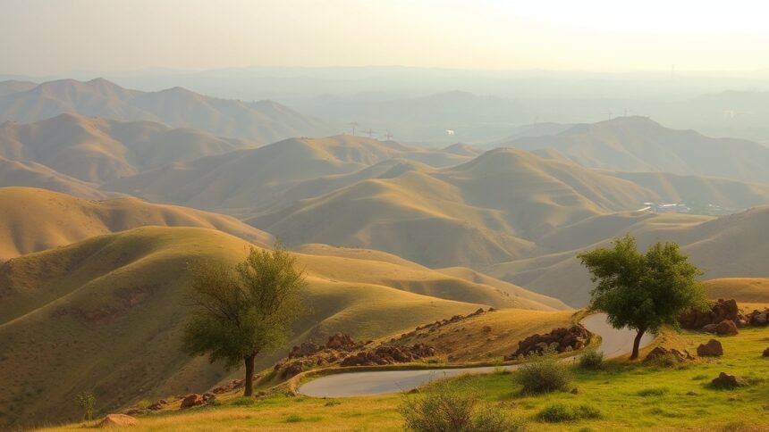 A serene landscape of the Aravalli hills with a few trees and a winding road, contrasted with a distant background of construction machinery and urban development