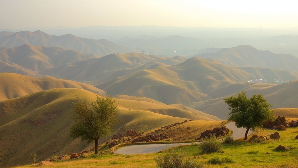 A serene landscape of the Aravalli hills with a few trees and a winding road, contrasted with a distant background of construction machinery and urban development