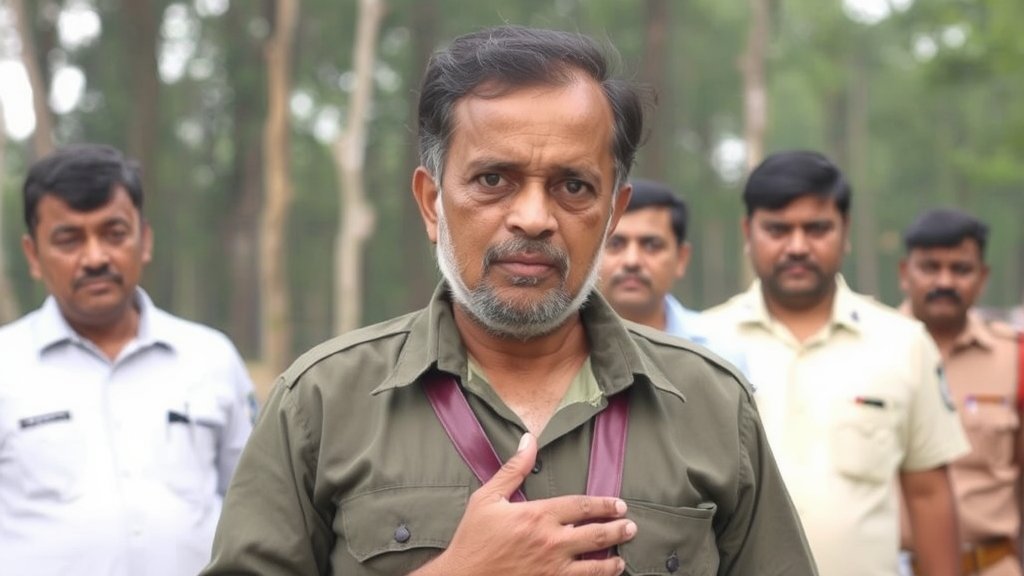 A photo of Barse Deva, a senior Maoist commander, surrendering to the authorities in Telangana, with a subtle background of a forest or a rural area, symbolizing the end of an era for the Maoist movement in India.