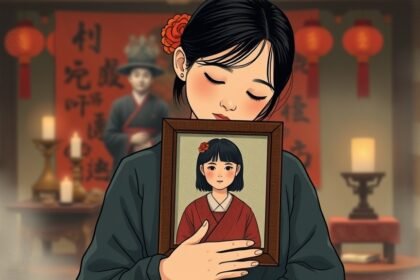 A somber illustration of a mother holding a picture of her daughter, with a blurred background of a traditional Chinese exorcism ritual setup, conveying a sense of loss and tragedy.