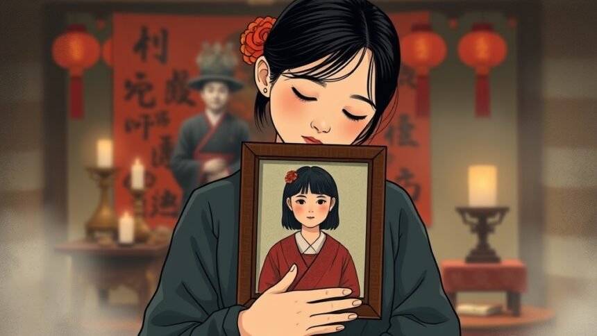 A somber illustration of a mother holding a picture of her daughter, with a blurred background of a traditional Chinese exorcism ritual setup, conveying a sense of loss and tragedy.