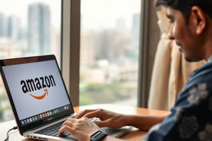 An image of a person working from home in India with a laptop and a Amazon logo on the screen, with a subtle background of a cityscape.