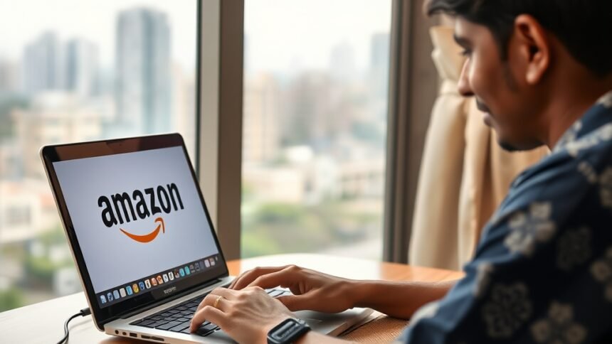 An image of a person working from home in India with a laptop and a Amazon logo on the screen, with a subtle background of a cityscape.