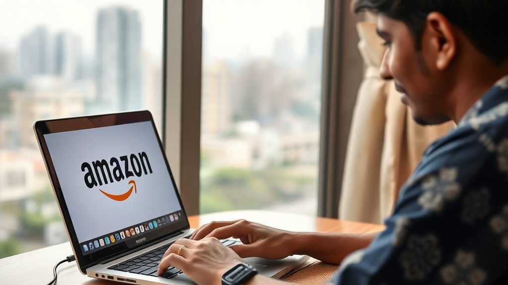 An image of a person working from home in India with a laptop and a Amazon logo on the screen, with a subtle background of a cityscape.