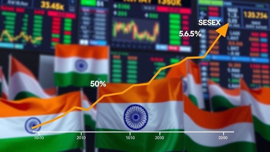 A graph showing the growth of Nifty 50 and Sensex, with a background of Indian flags and stock market screens