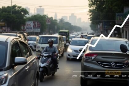 An image of a bustling Indian street with various cars and two-wheelers, with a subtle background of a cityscape and a faint image of a graph showing an upward trend in car sales.