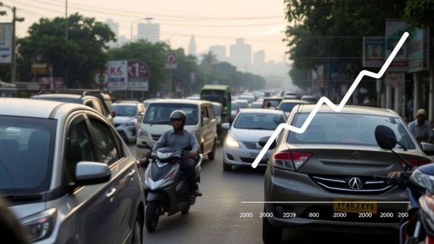 An image of a bustling Indian street with various cars and two-wheelers, with a subtle background of a cityscape and a faint image of a graph showing an upward trend in car sales.