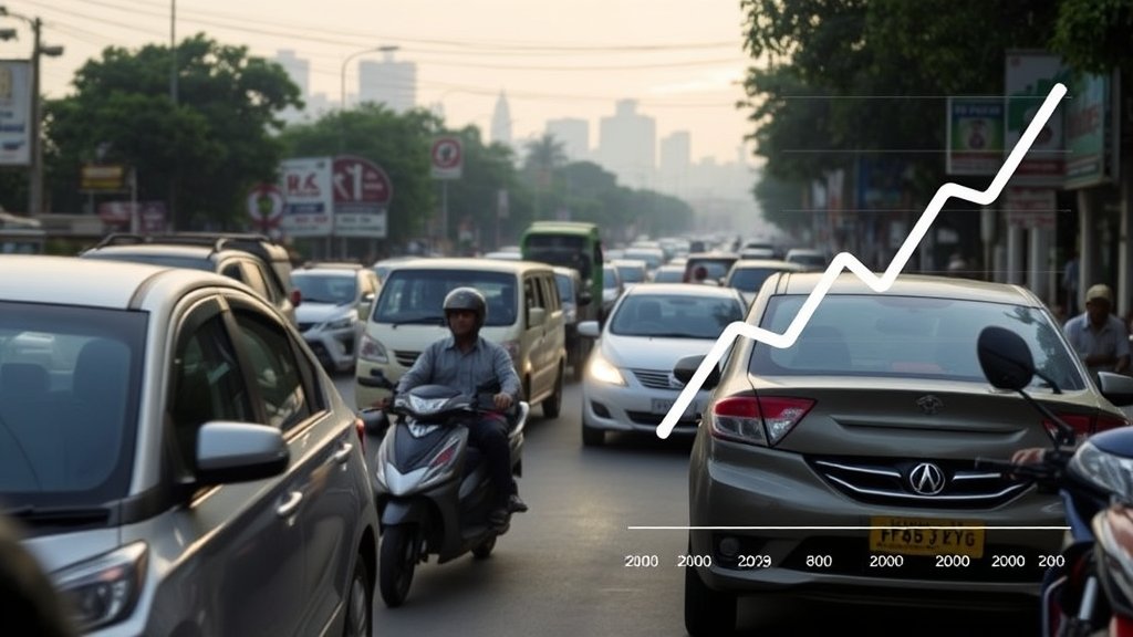 An image of a bustling Indian street with various cars and two-wheelers, with a subtle background of a cityscape and a faint image of a graph showing an upward trend in car sales.