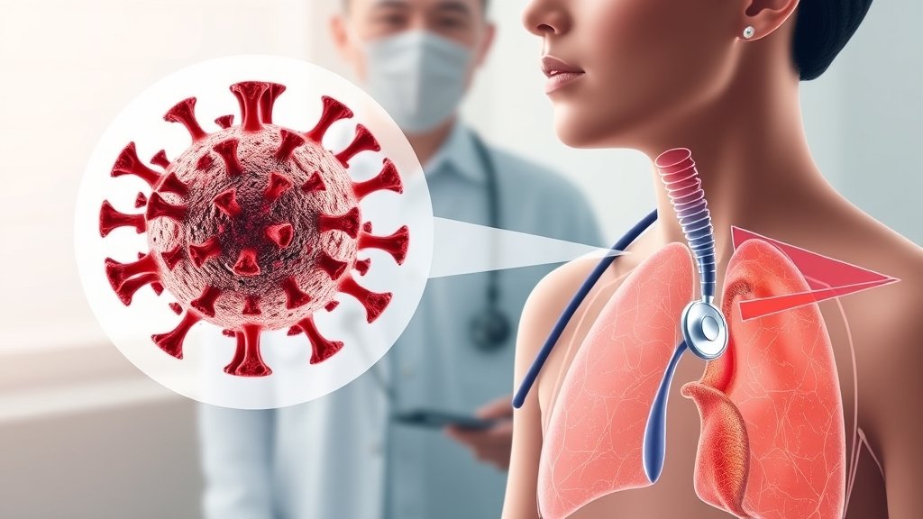 A detailed illustration of the rhinovirus structure and its effects on the human respiratory system, with a subtle background of a doctor examining a patient with a stethoscope.
