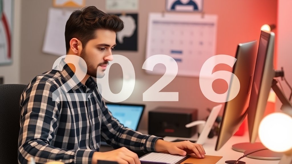 A person working at a desk with a few gadgets and devices in the background, with a subtle background image of a calendar or planner to represent the year 2026.