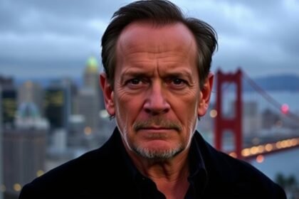 A somber photo of Tommy Lee Jones with a caption about his daughter's death, with a San Francisco cityscape in the background