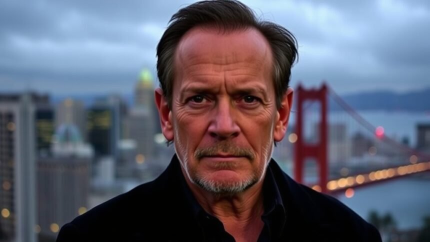 A somber photo of Tommy Lee Jones with a caption about his daughter's death, with a San Francisco cityscape in the background