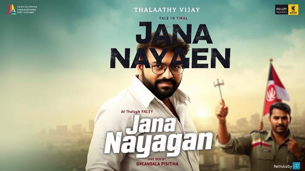 A poster of the movie Jana Nayagan with Thalapathy Vijay in the lead role, with a subtle background of a cityscape and a hint of political undertones.