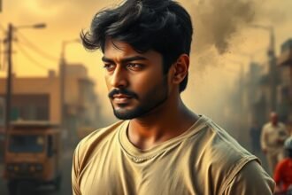 A poster of Prabhas in a simple, boy-next-door attire, with a subtle hint of horror and comedy elements in the background, set in a Indian cityscape