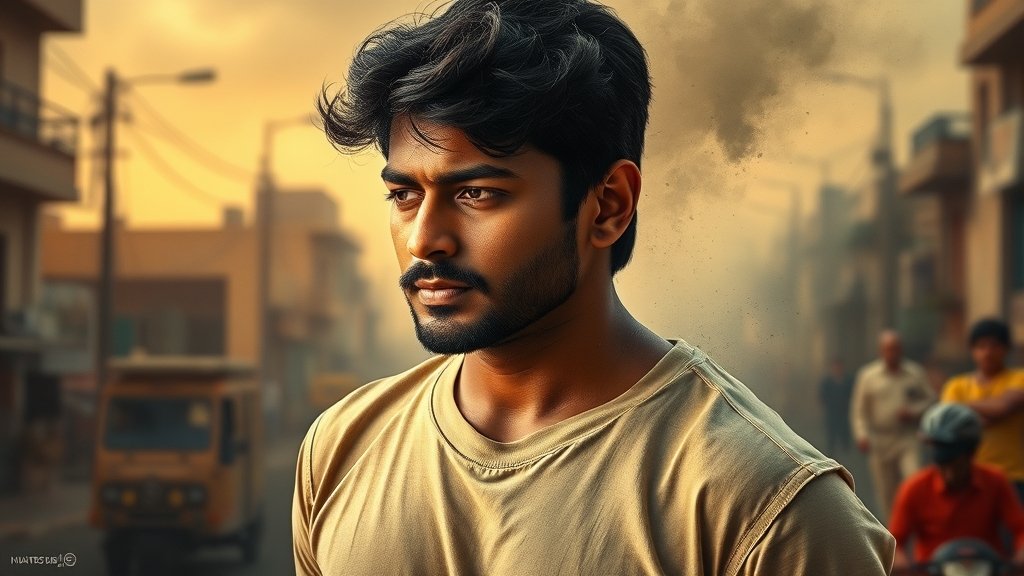 A poster of Prabhas in a simple, boy-next-door attire, with a subtle hint of horror and comedy elements in the background, set in a Indian cityscape