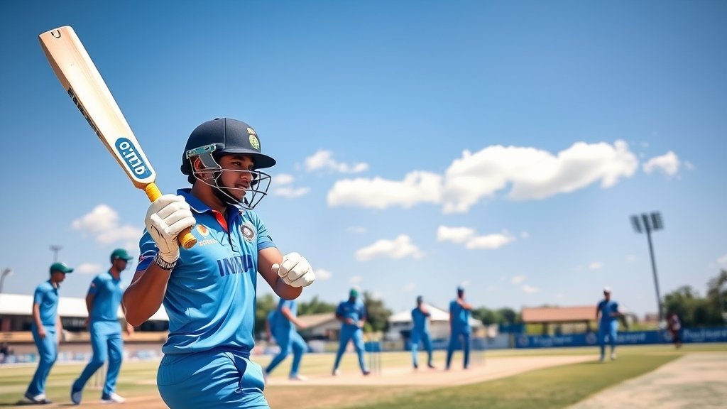 A photo of the Indian Under-19 cricket team in action, with the captain Ayush Mhatre batting in the foreground and the South African team fielding in the background, set against a bright blue sky with a few clouds, during a sunny day at a cricket stadium in Benoni.