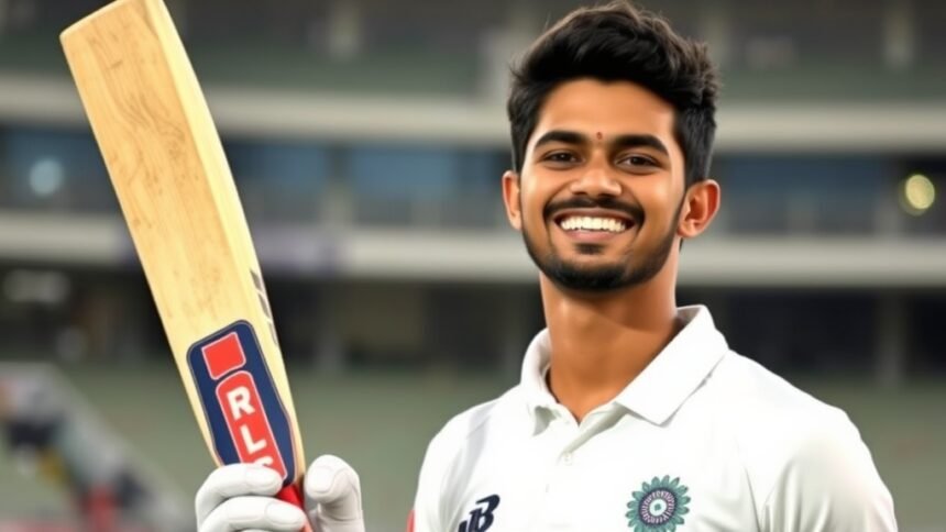 A photo of Shreyas Iyer in cricket gear, holding a bat and smiling, with a subtle background of a cricket stadium