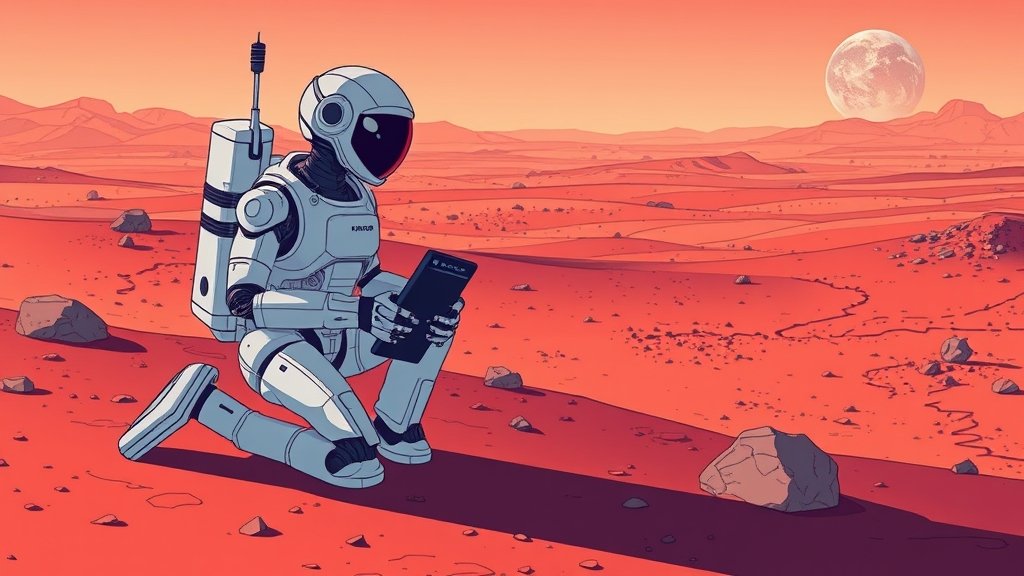 A futuristic illustration of a robot and astronaut working together on the surface of Mars, with a backdrop of the red planet's landscape and a hint of a distant Earth in the sky.