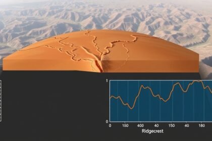 An illustration of the Earth's crust with fault lines and a graph showing the movement of the Earth's surface after an earthquake, with a subtle background image of the Ridgecrest area in California.