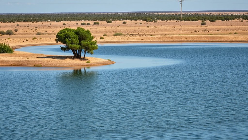 A scenic view of a small reservoir in a semi-arid region of South Texas, with a few trees and a calm water surface, and a subtle hint of machine learning algorithms working in the background to analyze and predict water evaporation.