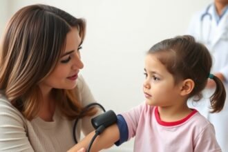 A concerned mother taking her child's blood pressure with a pediatrician in the background, highlighting the importance of monitoring blood pressure in kids.