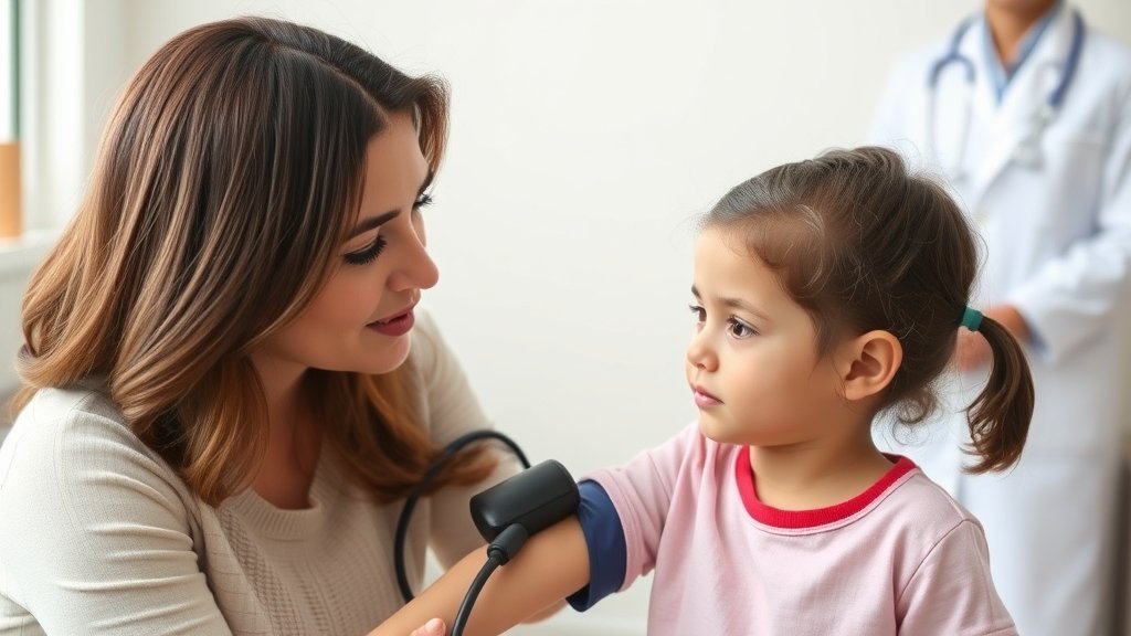 A concerned mother taking her child's blood pressure with a pediatrician in the background, highlighting the importance of monitoring blood pressure in kids.