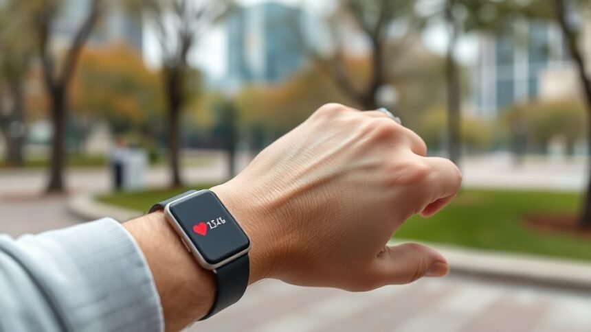 A photo of a person monitoring their heart rate with a smartwatch, with a blurred background of a cityscape or a park, symbolizing the connection between health, technology, and everyday life.