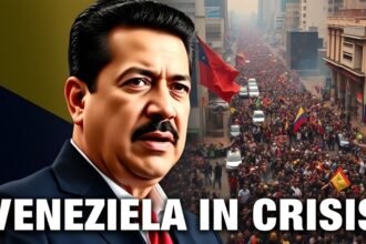 A photo of Venezuelan president Nicolás Maduro with a caption "Venezuela in Crisis" and a background image of Caracas city with protests and chaos