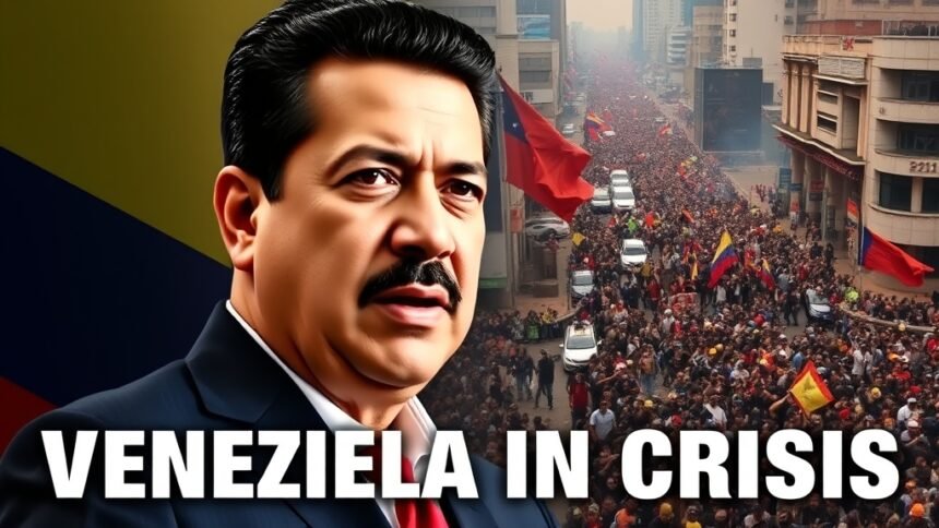 A photo of Venezuelan president Nicolás Maduro with a caption "Venezuela in Crisis" and a background image of Caracas city with protests and chaos