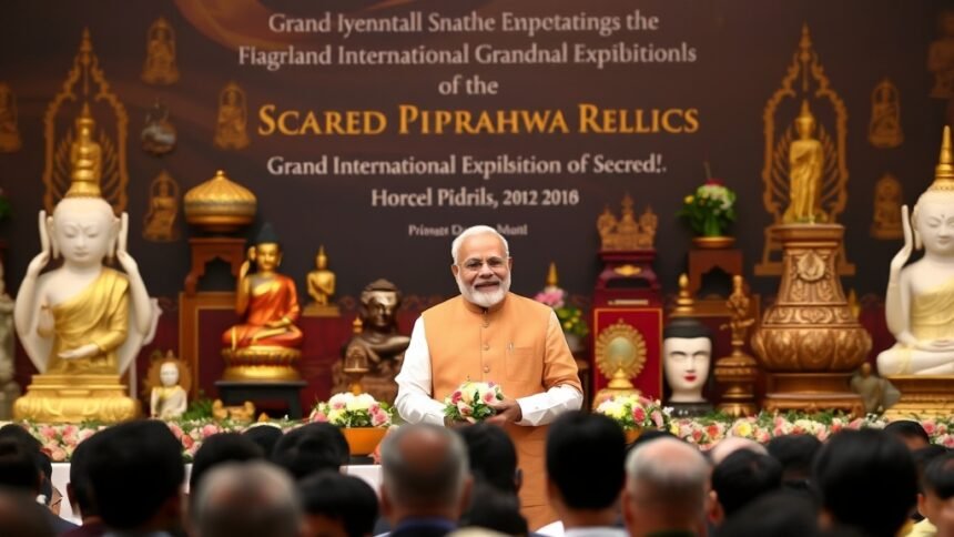 A photo of Prime Minister Narendra Modi inaugurating the Grand International Exposition of Sacred Piprahwa Relics, with a backdrop of Buddhist artifacts and a crowd of people in the foreground.