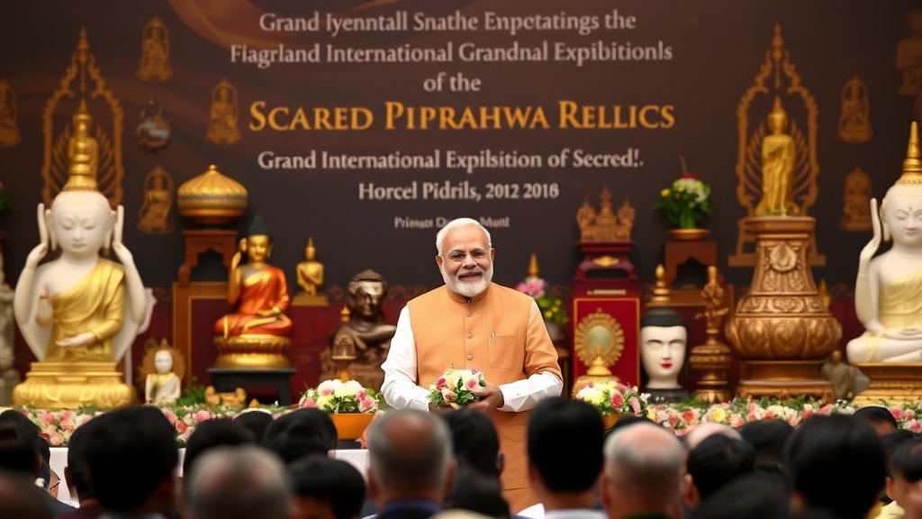 A photo of Prime Minister Narendra Modi inaugurating the Grand International Exposition of Sacred Piprahwa Relics, with a backdrop of Buddhist artifacts and a crowd of people in the foreground.