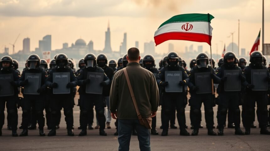 A dramatic image of a lone Iranian protester standing in front of a line of riot police, with a cityscape in the background and a hint of the Iranian flag waving in the wind.