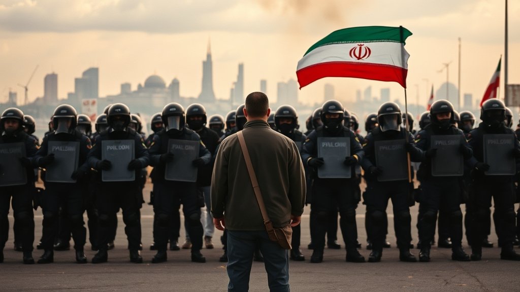 A dramatic image of a lone Iranian protester standing in front of a line of riot police, with a cityscape in the background and a hint of the Iranian flag waving in the wind.