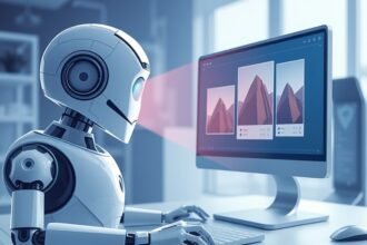 A futuristic illustration of a chatbot generating images on a computer screen, with a concerned user in the background.