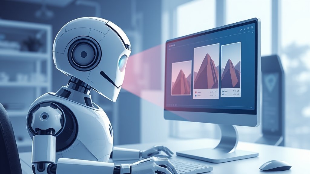 A futuristic illustration of a chatbot generating images on a computer screen, with a concerned user in the background.