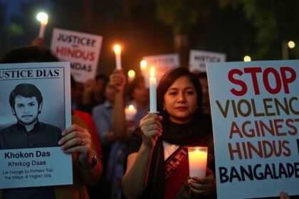 A photo of a candlelight vigil with people holding signs that read "Justice for Khokon Das" and "Stop Violence Against Hindus in Bangladesh"