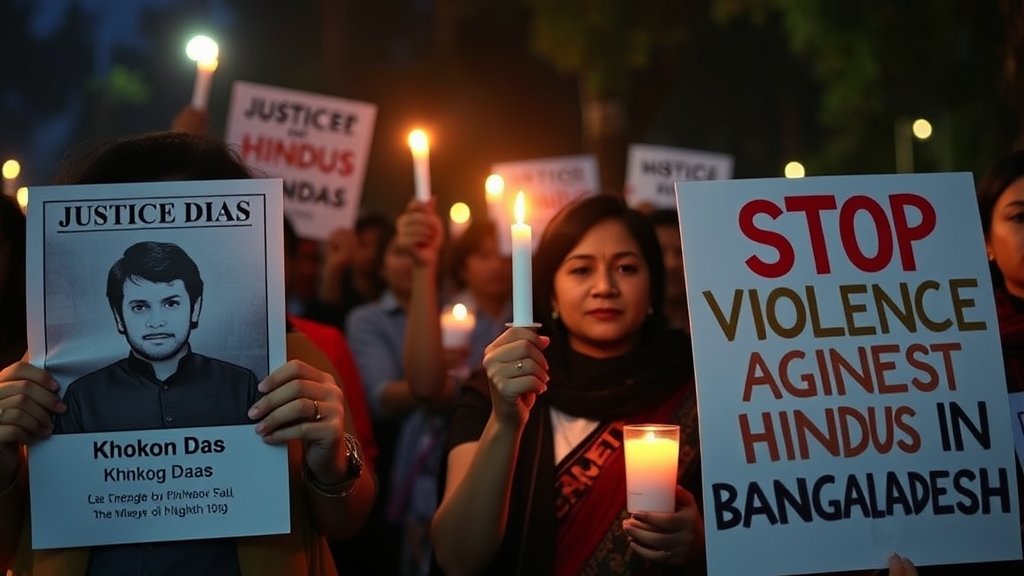 A photo of a candlelight vigil with people holding signs that read "Justice for Khokon Das" and "Stop Violence Against Hindus in Bangladesh"