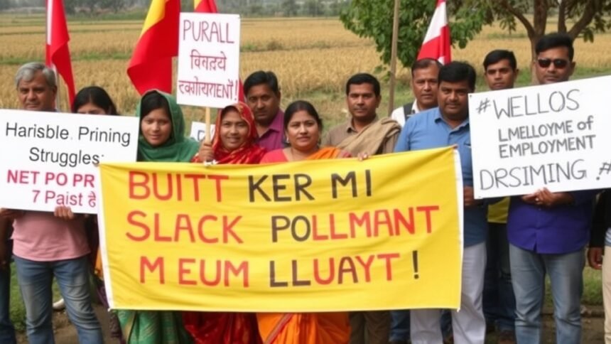 A photo of a group of people protesting with placards and banners, with a rural background, highlighting the struggles of rural employment and the impact of government policies