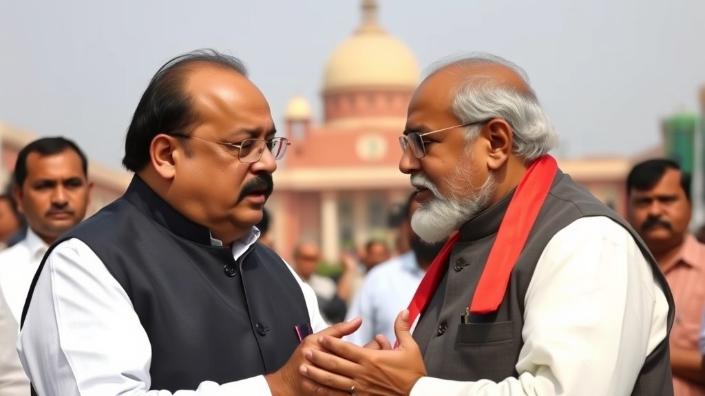 A photo of Ajit Pawar and a BJP leader in a heated discussion, with a blurred background of the Indian parliament building