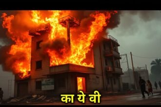 A dramatic image of a burning building with flames and smoke, with people running away in the background, and a caption "स्विस बार अग्निकांड" in Hindi
