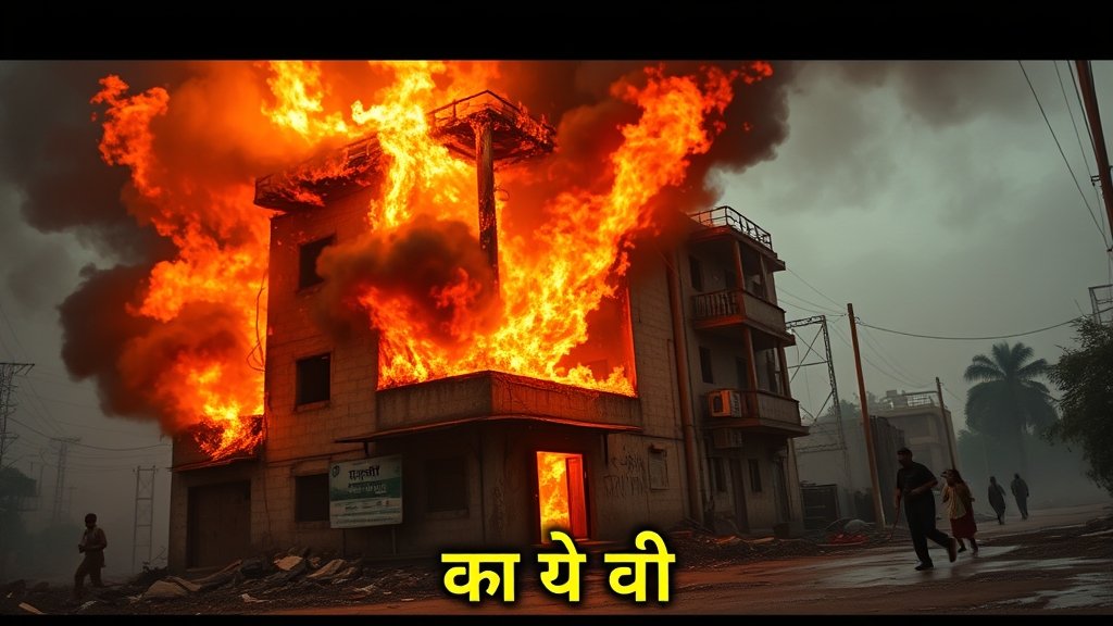 A dramatic image of a burning building with flames and smoke, with people running away in the background, and a caption "स्विस बार अग्निकांड" in Hindi