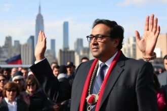 A photo of Zohran Mamdani taking oath as the new mayor of New York City, with a crowd of people in the background and the city skyline visible
