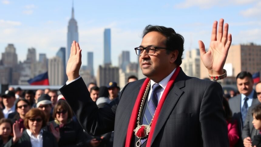 A photo of Zohran Mamdani taking oath as the new mayor of New York City, with a crowd of people in the background and the city skyline visible