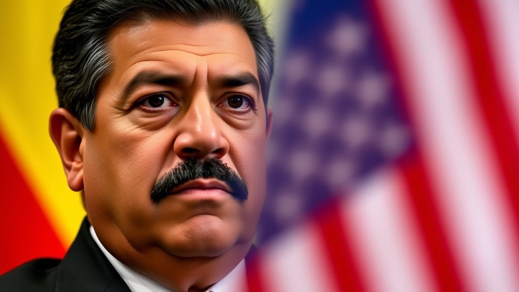 A photo of Nicolas Maduro with a serious expression, with a Venezuelan flag in the background, and a subtle image of a US flag or a symbol of US-Venezuela relations in the foreground, conveying a sense of tension and diplomacy.