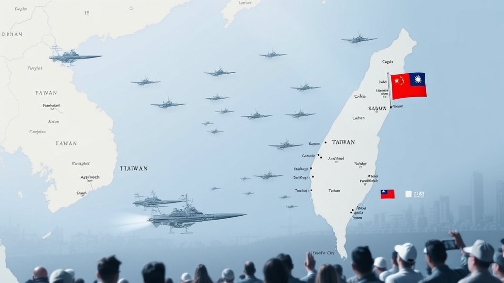 A detailed map of the Taiwan Strait with Chinese and Taiwanese military vessels and aircraft, with a subtle background of a concerned global audience.