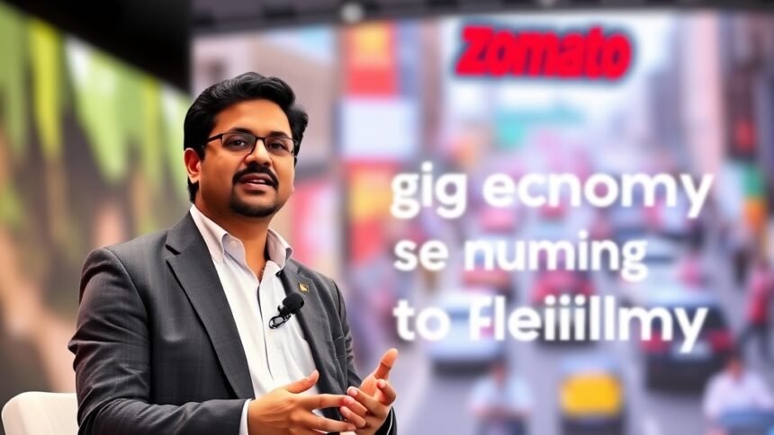 A photo of Zomato's CEO Deepinder Goyal speaking at a conference, with a cityscape or a busy street in the background, symbolizing the gig economy and job flexibility.
