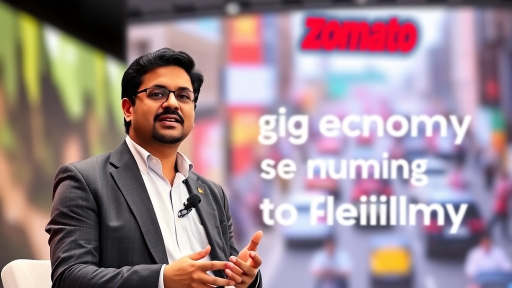 A photo of Zomato's CEO Deepinder Goyal speaking at a conference, with a cityscape or a busy street in the background, symbolizing the gig economy and job flexibility.